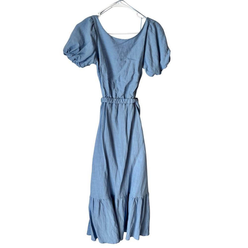 ASTR The Label Blue Linen Blend Puff Sleeve Open Back Midi Dress ACDR101078 XS